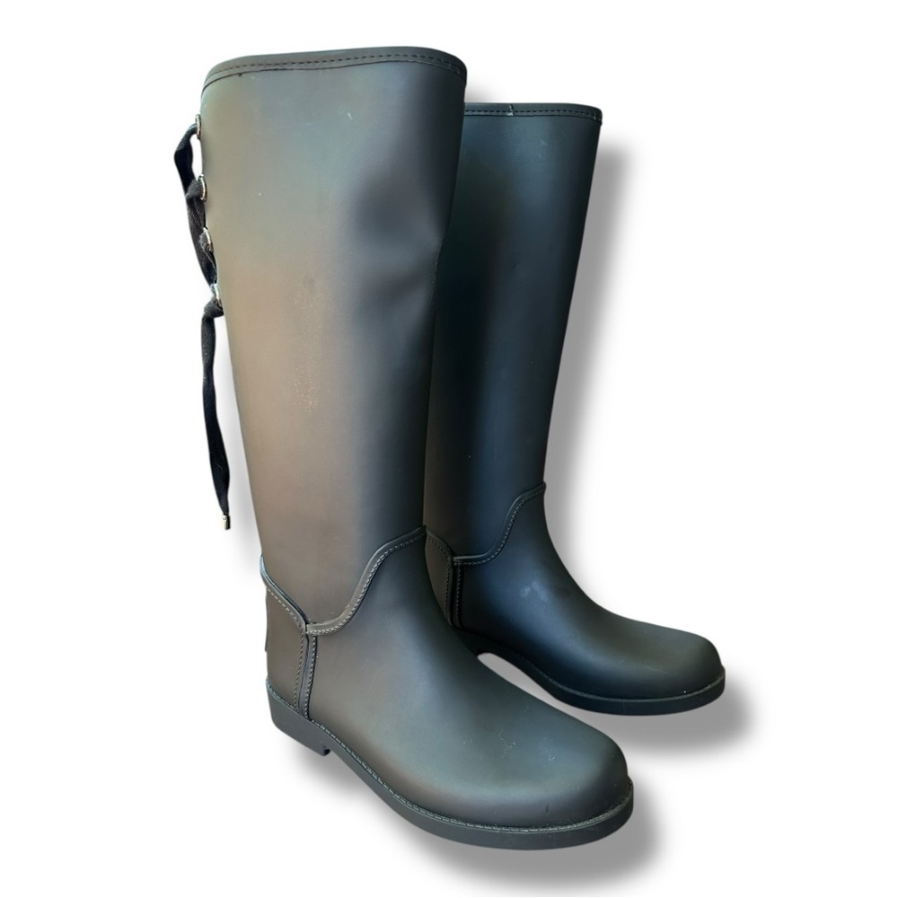 Coach Tristee Matte Black Lace-Up Knee-High Rain Boots | Women’s Size 9 - Picture 6 of 14